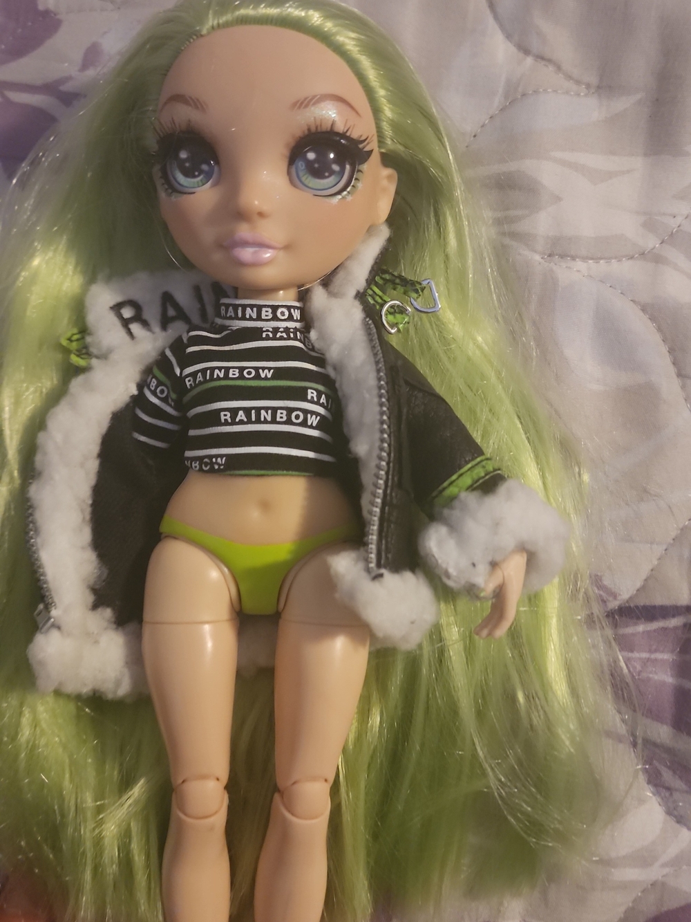 Rainbow Lime Green-Haired Fashion Doll with Black & White Outfit
